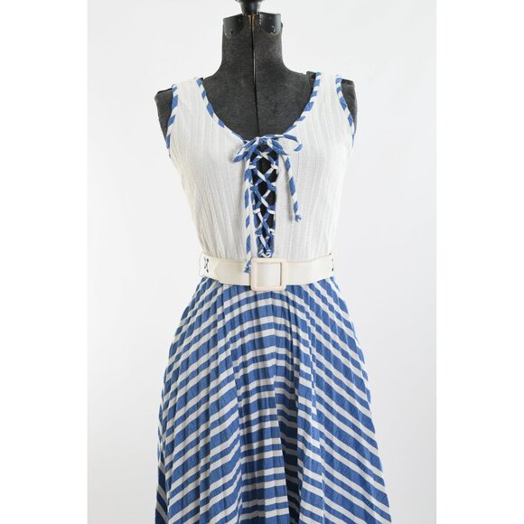 Vintage 1970s XS Blue White Corset Tie Bodice Sleeveless Maxi Dress - Picture 3 of 9